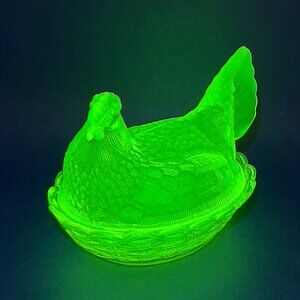 Mosser Uranium Vaseline Yellow Glass HON Hen on Nest Lid Basket Dish Opalescent